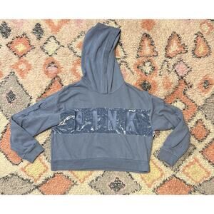 Victorias Secret PINK Cropped velvet Stripe Lace Up Sleeve Hoodie Blue Large